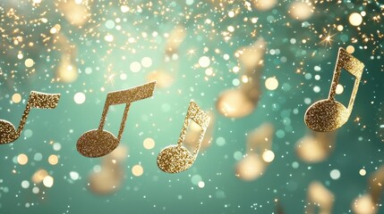 Golden Music Notes with Bokeh Lights on Teal Background