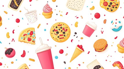 Sticker - Cartoon Fast Food Seamless Pattern