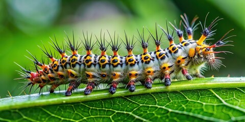 A venomous spiky caterpillar makes its way up a vibrant green leaf, its tiny legs moving slowly as it searches for its next meal.