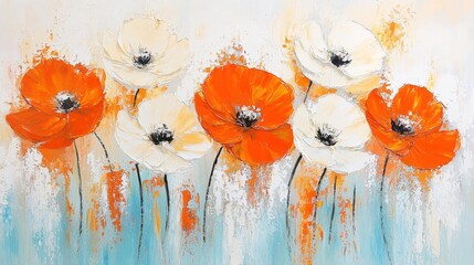 Canvas Print - Abstract Oil Painting of White and Orange Flowers on a Blue Background