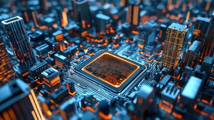 Poster - Futuristic Cityscape on Microchip Board   Technology Concept