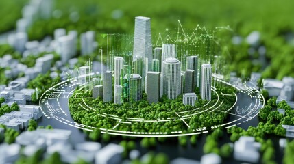 Poster - Green Cityscape with Data Visualization and Circular Lights