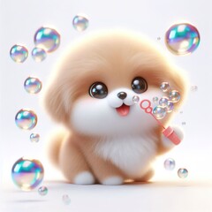 Wall Mural - A 3D fluffy cute dog blowing bubbles, with a playful expression. The dog has fluffy fur, large round eyes, and a happy smile. The bubbles float around