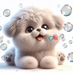 A 3D fluffy cute dog blowing bubbles, with a playful expression. The dog has fluffy fur, large round eyes, and a happy smile. The bubbles float around