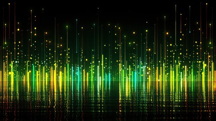 Wall Mural - a vibrant digital landscape with glowing vertical lines reflecting in water, evoking a sense of ener