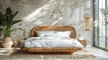 Wooden rattan bedroom Interior Design with luxury marble wall background AI generated image