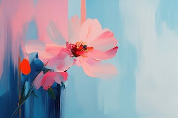 Wall Mural - A vibrant abstract painting featuring a pink flower against a soft blue background, capturing the essence of modern art.