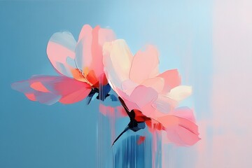 Wall Mural - A vibrant and modern abstract floral design featuring soft pink flowers against a dreamy blue backdrop.