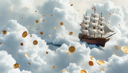 Ship sailing through golden clouds representing economic exploration with a realistic backdrop, isolated on white for creative purposes