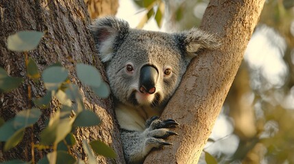 Koala Peeking Behind Tree in Sunlight