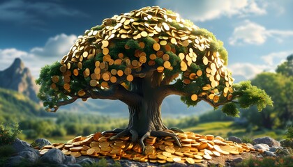 Wall Mural - Majestic tree emerging from golden coins, representing economic prosperity amidst a beautiful natural landscape