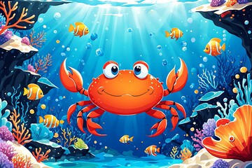 A Smiling Crab Surrounded by Colorful Fish and Coral in the Ocean