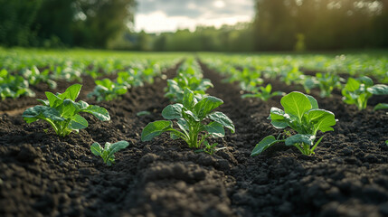 Rows of Promise: Young beet seedlings bask in the golden light, their vibrant green leaves a testament to life and growth in this close-up view of a fertile field. 