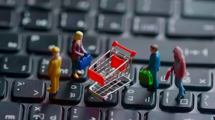 Online shopping e-commerce experience depicted with cashier shopping cart on laptop keyboard, representing the convenience of purchasing goods and services from home or office for modern consumers
