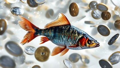 Dynamic fishes navigating a shimmering river of silver coins, symbolizing economic vitality against a pristine white backdrop with generous copy space