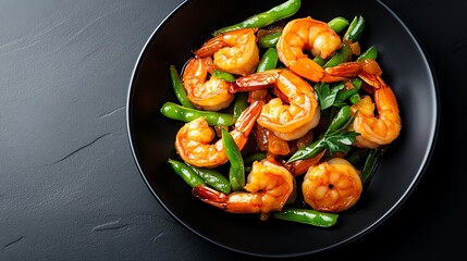 Delicious shrimp stir-fry with vibrant green peppers in a glossy black bowl, perfect for food lovers and culinary enthusiasts.