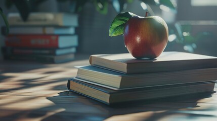 A close-up of a stack of textbooks and a shiny apple.