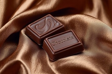 two little chocolate bars, placed in front of brown silk fabric , illustrating high quality, luxury, exclusive, expensive