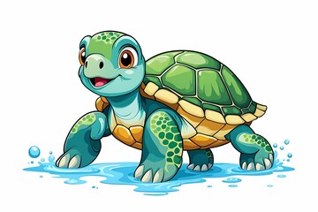 Wall Mural - Cartoon turtle walking through water with a smile