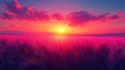 Poster - Pink Sunset Over a Field of Wheat