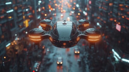 Futuristic Drone Flying Over a Cyberpunk City