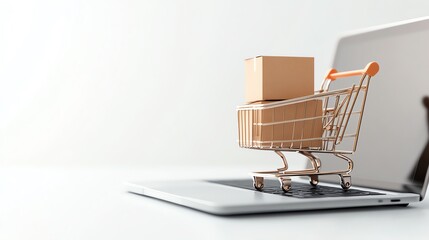 Wall Mural - A shopping cart with a package on a laptop, illustrating the concept of online shopping and e-commerce.