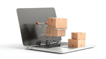 Wall Mural - A shopping cart with cardboard boxes on a laptop, representing online shopping and e-commerce.