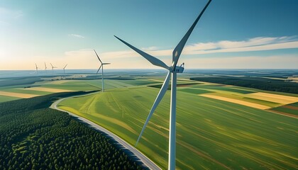 Futuristic wind turbine fueled by swirling banknotes in expansive field, embodying renewable wealth with a striking complementary color palette