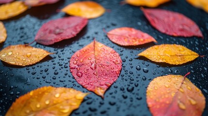 Poster - Autumn Leaves Covered in Dew Drops