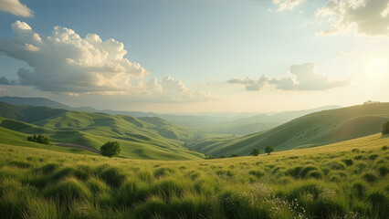 A beautiful, lush green field with a clear blue sky