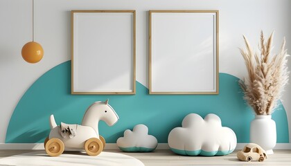 Minimalist childrens room art mockup with teal and white tones featuring two artistic picture frames enhanced by AI generative technology