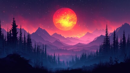 Poster - Red Moon Over Mountains