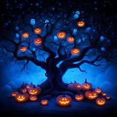 Spooky Halloween Tree with Jack O Lanterns and Ghosts