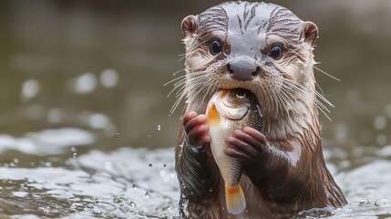 Otter Holding Fish in River