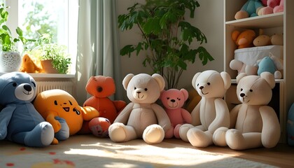 Wall Mural - Cheerful childrens room filled with neatly arranged plushies and toys, illuminated by natural light and enhanced vibrant colors through AI generative technology