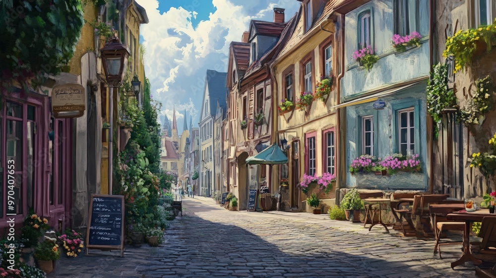 A charming cobblestone street lined with quaint shops and cafes, bathed ...