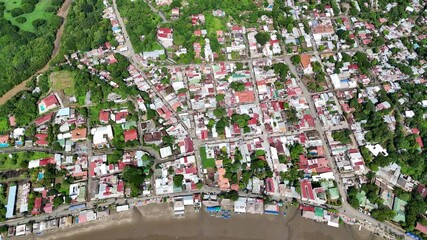 Canvas Print - Streets in San Juan Del Sur town in Nicaragua above top drone view