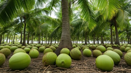 A grove of market-ready coconuts trees (Cocos nucifera), with ripe fruit ready for picking --ar 16:9 --personalize jaydbm9 --v 6.1 Job ID: 17c39932-0780-4c45-ae82-41d5546d0ab6