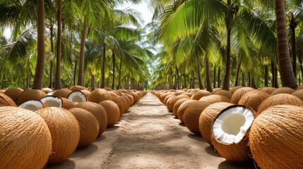 A grove of market-ready coconuts trees (Cocos nucifera), with ripe fruit ready for picking --ar 16:9 --personalize jaydbm9 --v 6.1 Job ID: 41c54717-2ea2-4b02-9a68-77a2a09b02f8