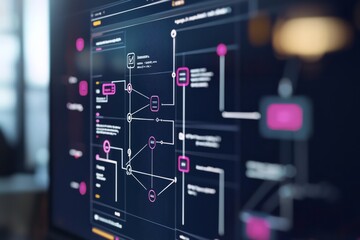A flowchart on a computer screen showing an automated workflow with interconnected nodes and automated actions. The design includes, Generative AI