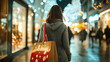 © A-TiMe  - A woman walks through a festive shopping street, carrying a bag, surrounded by twinkling lights and holiday decorations.
