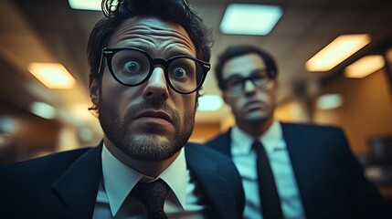 Wall Mural - Eccentric and quirky employees - low angle shot - at their desks - frustrated - aggravated - retro style office - vintage decor - ultr cool 