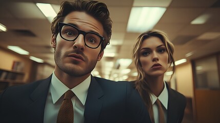 Eccentric and quirky employees - low angle shot - at their desks - frustrated - aggravated - retro style office - vintage decor - ultr cool 