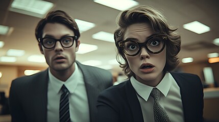 Eccentric and quirky employees - low angle shot - at their desks - frustrated - aggravated - retro style office - vintage decor - ultr cool 