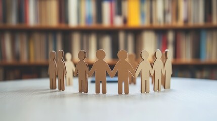 Minimalist design with paper people figures having a business meeting, representing online education through libraries, white background, no logo.