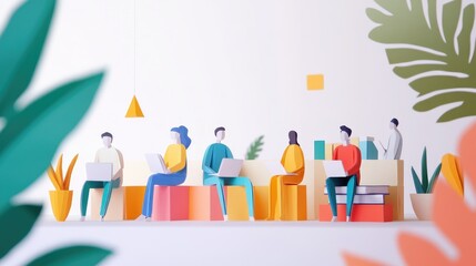 Vector art of paper people figures discussing in a business setting, concept of online education and digital libraries, no logo, white background.