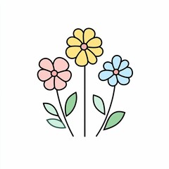 Poster - Three colorful flowers with pink, blue, and yellow petals stand tall with green leaves against a clean white backdrop, showcasing a cheerful design