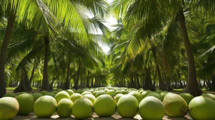 A grove of market-ready coconuts trees (Cocos nucifera), with fruit ready for picking