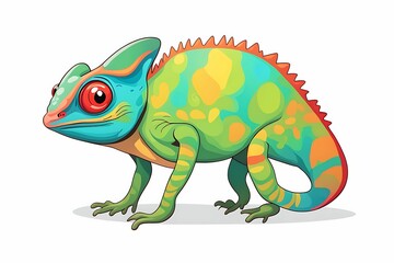 Wall Mural - A Colorful Cartoon Chameleon with Red Eyes and Spiked Crest