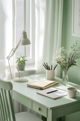 light and airy soft green home office with desk, lamp, chair, notebook, pen